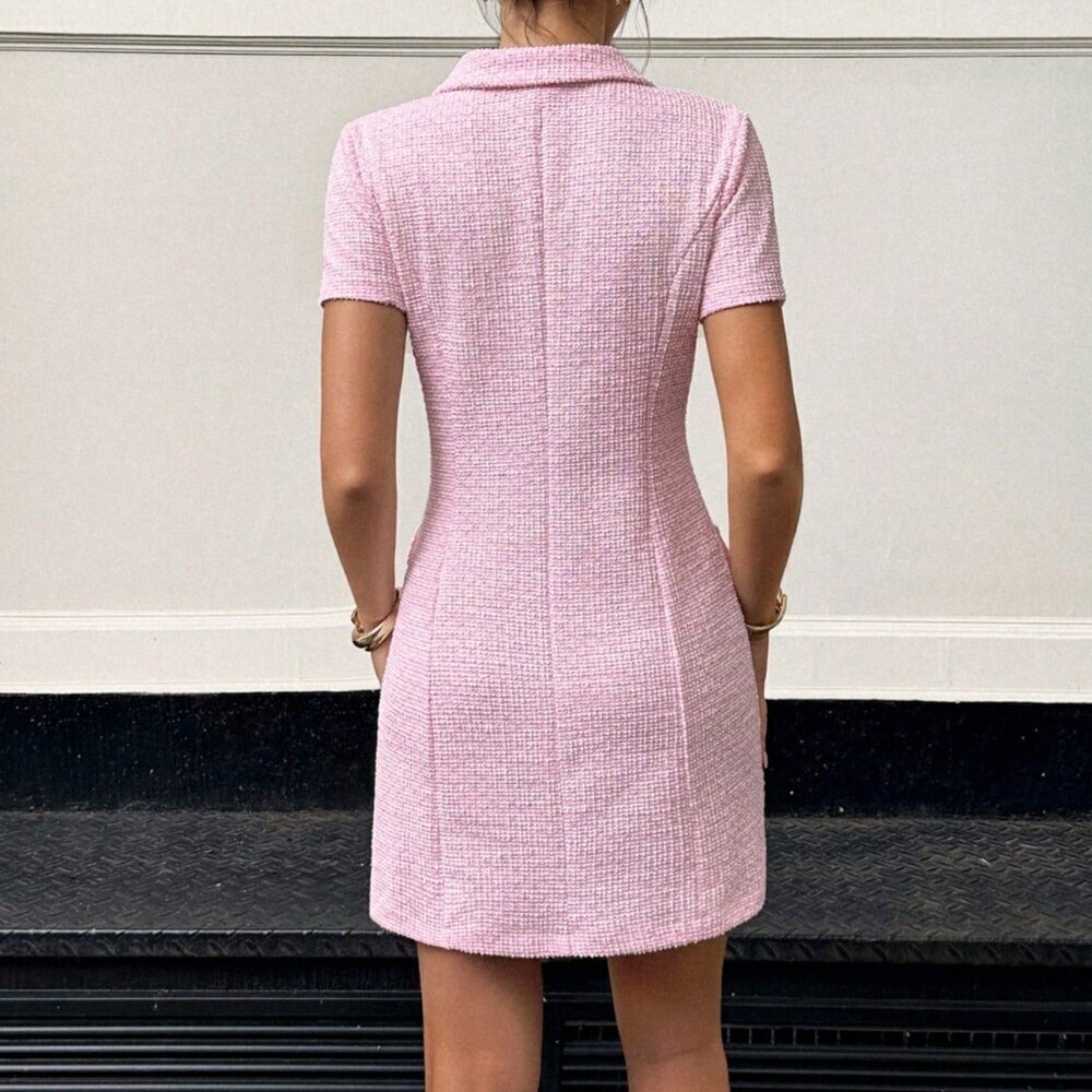 Baby Pink Elegant Women's tweed Short Sleeve Single-Breasted Mini Dress - Picture 5 of 8